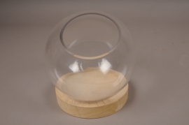 A000T0 Cloche boule verre plateau bois D19cm H23cm