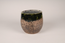 A098XD Green rustic ceramic planter D20.5cm H19.5cm