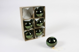 KI-000454 Box of 6 shiny pine green glass balls D8cm