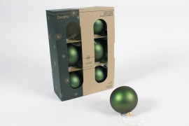 KI-000456 Boîte de 6 boules en verre vert mat D8cm