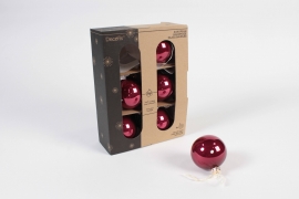 KI-000460 Boîte de 6 boules en verre brillant framboise D6cm