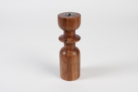 KI-000482 Light brown acacia wood candleholder D6.5cm H20cm