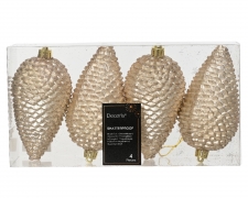 KI-000496 Box of 4 pearl pine cones hanging H12cm