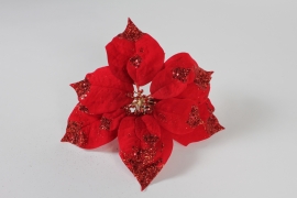 KI-000553 Clip poinsettia en velours rouge pailleté D27cm