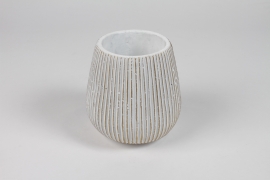 NM-000270 Matte white striated ceramic planter D14cm H14,5cm