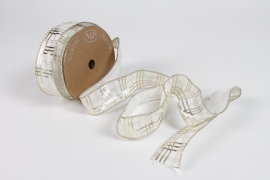 UN-000722 White and gold checked ribbon 40mm x 10m