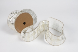 UN-000723 White and gold checked ribbon 63mm x 10m