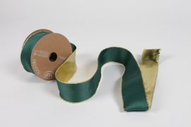 UN-000775 Dark green and gold Christmas ribbon 40mm x 10m