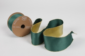 UN-000777 Dark green and gold Christmas ribbon 63mm x 10m