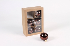 X398T1 Boîte de 6 boules en verre brillant chocolat D6cm